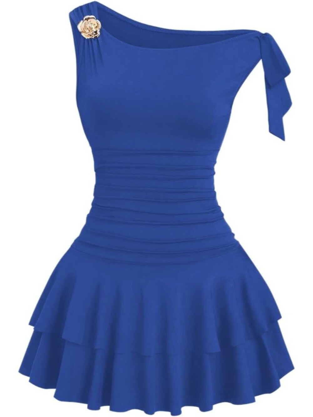 Women Blue Mini Dress One Shoulder Metal Floral Sleeveless Layered Hem Going Out